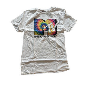 MTV Shirt Mens Small White Tie Dye Graphic Music Television Tee 100% Cotton